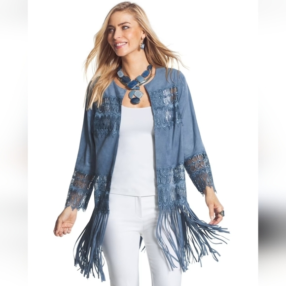 Chico's blue faux suede lace fringe open front cardigan Chico's size 1 - Picture 1 of 14